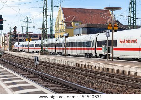 Fuerth / Germany - March 11, 2018: Ice 3, Intercity-express Train From Deutsche Bahn Passes Train St