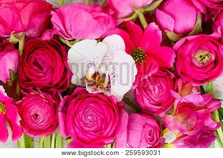 Flowers Composition. Floral Natural Background Made Of Rununculus And Orchid Fresh Flowers.