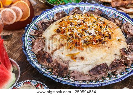 Iranian Pilaf With Tahdig And Lamb Close View