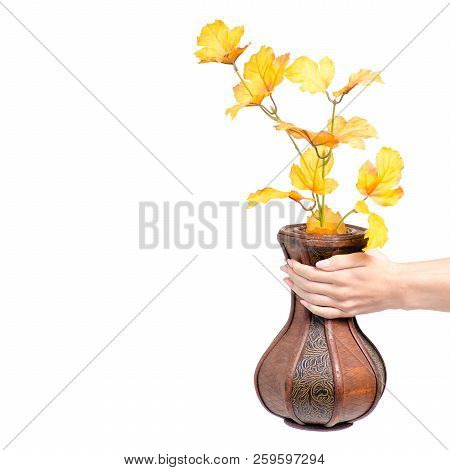 Wooden Vase Autumn Leaves In Hand On White Background Isolation