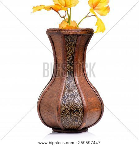 Wooden Vase Autumn Leaves On White Background Isolation