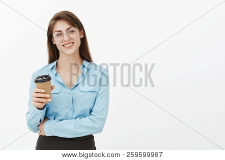 Day Cannot Start With Nice Cup Of Coffee. Joyful Attractive Female Entrepreneur In Glasses And Blue 