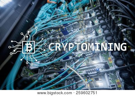Cryptocurrency Mining Concept On Server Room Background.
