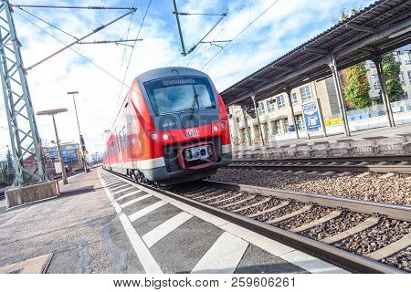 Fuerth / Germany - March 11, 2018: Re Regional Express Train From Deutsche Bahn Passes Train Station