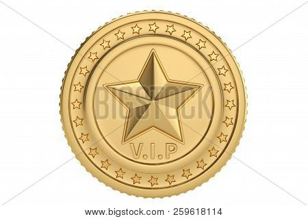 Golden Crown With Vip Coin On White Background.3D Illustration