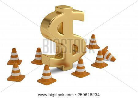 Golden Dollar Sign And Plot Chantier On White Background. 3D Illustration.