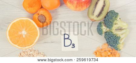 Inscription B3 And Nutritious Food As Source Vitamin B3, Dietary Fiber And Natural Minerals, Concept