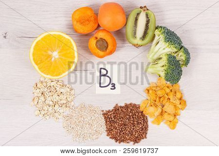 Inscription B3 And Nutritious Different Products Containing Vitamin B3 And Natural Minerals, Concept