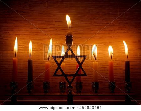 Hanukkah Is A Jewish Holiday. Burning Chanukah Candlestick With Candles. Chanukiah Menorah.