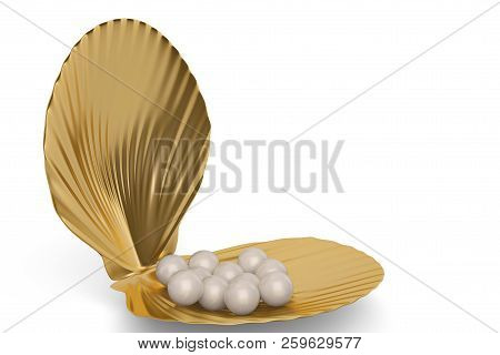Golden Sea Shell With Pearls Isolated On White Background. 3D Illustration.