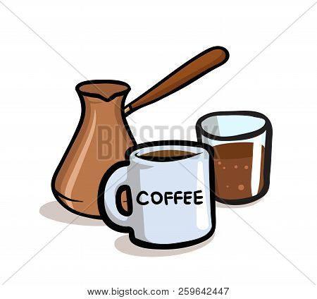Jezve Turkish Coffee Pot And Coffee Cup. Flat Vector Illustration. Isolated On White Background.