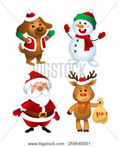 Merry Christmas. Santa Claus, Dod, Snowman And Reindeer. Happy Holiday Mascots Set