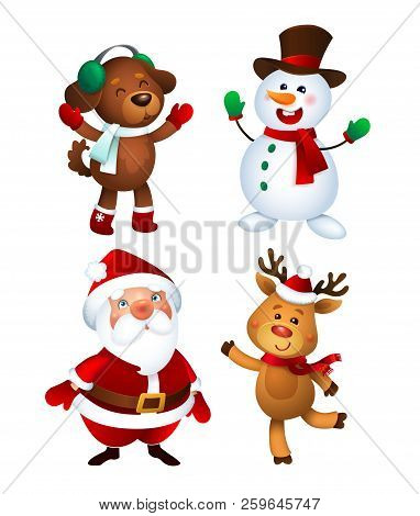 Merry Christmas. Santa Claus, Dod, Snowman And Reindeer. Happy Holiday Mascots Set