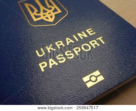 Kiev - Ukraine - September 2018:  Foreign Passport Of A Citizen Of Ukraine, Blue Cover With Gold Emb