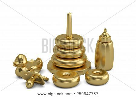 Gold Baby Items On White Background 3D Illustration.