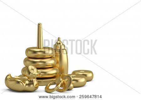 Gold Baby Items On White Background 3D Illustration.