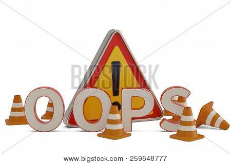 Word Ooops And Warning Sign With Plot Chantiers On White Background. 3D Illustration.