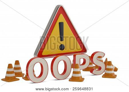 Word Ooops And Warning Sign With Plot Chantiers On White Background. 3D Illustration.
