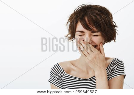 Stop You Making Me Laugh. Portrait Of Joyful Happy Cute Girl With Messy Short Hair And Stylish Strip