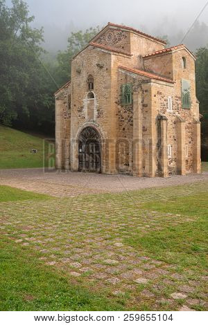Old Church San Miguel De Lillo On A Foggy Morning With Clear Sky, Famous Pace Close To Oviedo, Spain