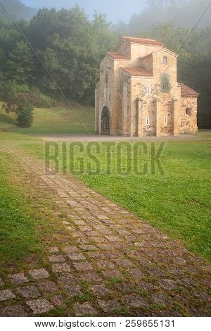 Old Church San Miguel De Lillo On A Foggy Morning With Clear Sky, Famous Pace Close To Oviedo, Spain