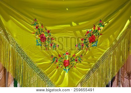 Close Up View Of Manila Shawl. Vintage Spanish Clothes In Fairs And Festive Days