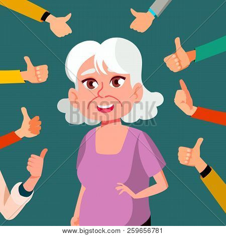 Thumbs Up Old Woman Vector. Public Approval. A Lot Of Hands. Shows Gesture Cool. Business Illustrati