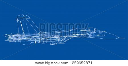 Fighter Plane Concept. Vector Rendering Of 3d. Wire-frame Style. The Layers Of Visible And Invisible