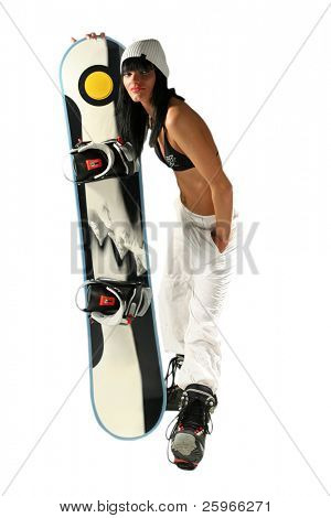 Ragazza in bikini con snowboard su sfondo bianco