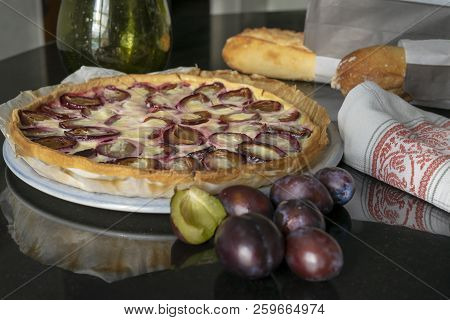 Pie With Plums. Plums Cake. French Cuisine. Home Made Dessert