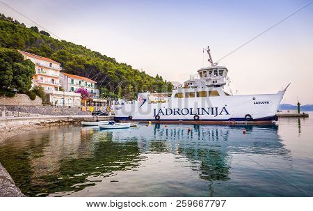Drvenik, Croatia - July 24, 2016: Ferryboat And Adriatic Seashore In Drvenik, Touristic Village In C