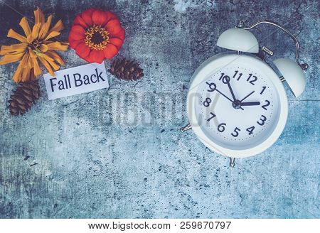 Fall Daylight Saving Time Concept With White Clock And Flowers, Flat Lay
