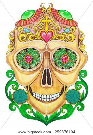 Art Sugar Skull Day Of The Dead. Hand Watercolor Painting On Paper.