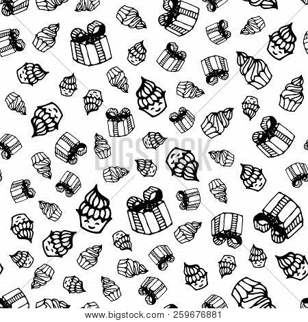 Birthday Seamless Pattern In Hand-drawn Doodle Style. Vector Cute Illustration Of Cakes, Birthday Gi
