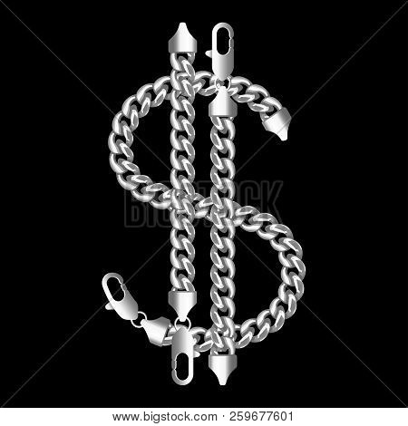 Silver American Dollar Money Sign Made Of Shiny Thick Golden Chain. Realistic Vector Illustration Is