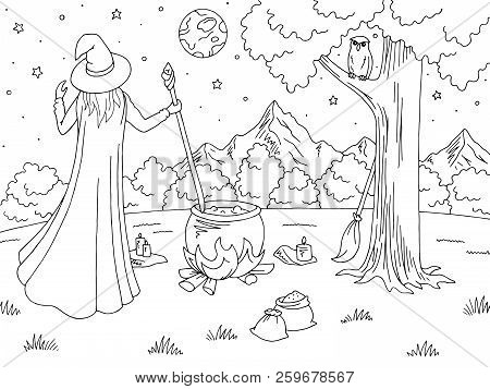 Witch Conjuring. Mountain Graphic Black White Landscape Sketch Illustration Vector