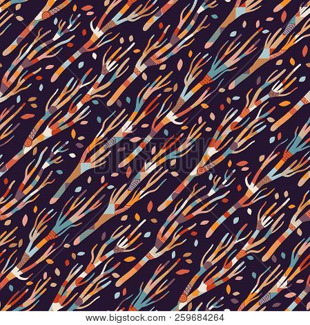 Seamless Background With Stylized Trees. Forest Bright Pattern. Patchwork Trees, Cozy, Autumn, Dark 