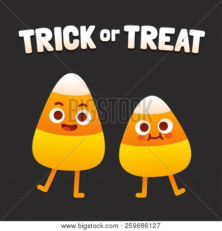 Trick Or Treat, Cute Candy Corn Character Couple With Funny Faces. Halloween Vector Clip Art Illustr