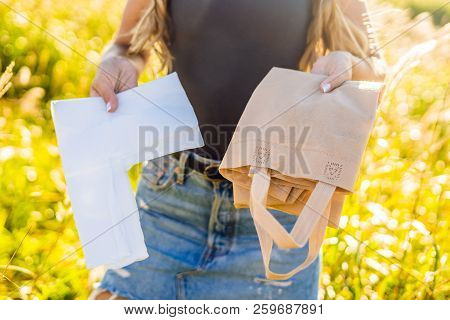 Zero Waste Concept Use Plastic Bags Or Multi-use Bags. Zero Waste, Green And Conscious Lifestyle Con