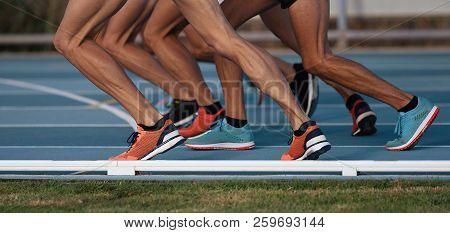 Feet Runners Sprinters Start And Run, Running Tracks At Outdoor Stadium