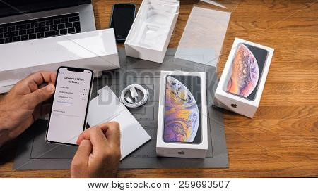 Paris, France - September 21, 2018: Apple Fan Boy Unboxing Latest New Apple Iphone Xs Max And Xs Fla