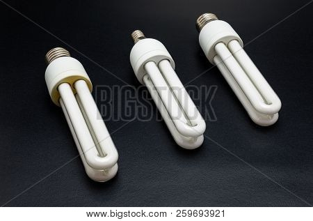 Three Energy-saving Bulbs Lying On A Black Table.