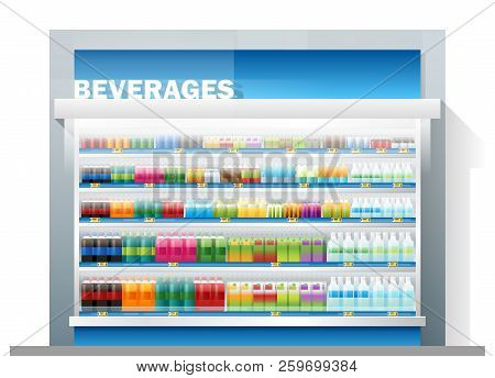 Beverages For Sale Display On Shelf In Supermarket , Vector , Illustration