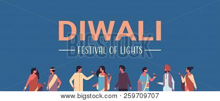 Happy Diwali Indian People Group Wearing National Traditional Clothes Holding Oil Lamp Hindu Man Wom
