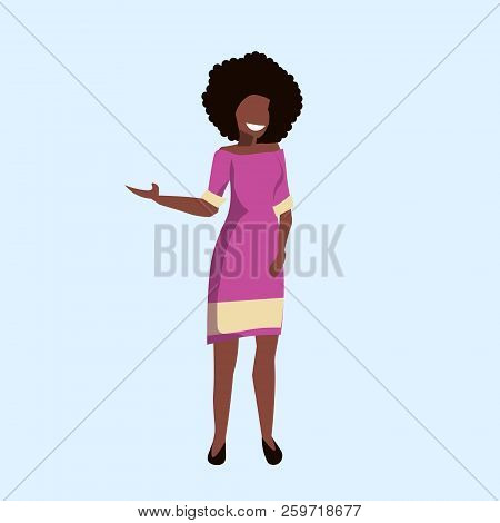 African American Woman Standing Pose Pointing Something Happy Lady Female Cartoon Character Full Len