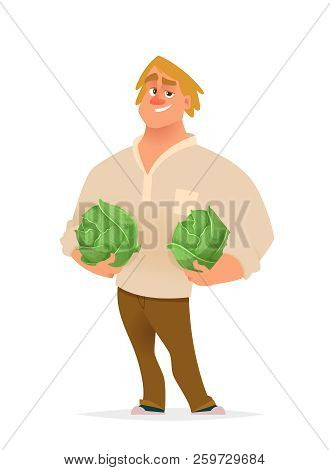 Chifull Farmer Holding Slice Of Watermelon. Character Design Illustration