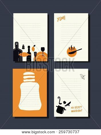 Cooking Notes. Set Of Templates With Illustration Of Kithcen Utensils And Food.