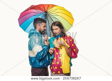 Bearded Man And Pretty Girl With Scarf Are Happy With Autumn Sales. Autumn Mood And And Rain Is Poss