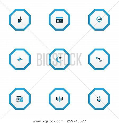 Religion Icons Colored Set With Financial Assistance, God, Kaaba And Other Mecca Elements. Isolated 