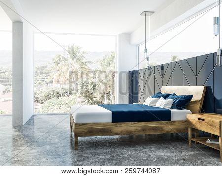 Blue Geometric Wall Pattern Bedroom Interior With A Concrete Floor, A Panoramic Window With Tropical